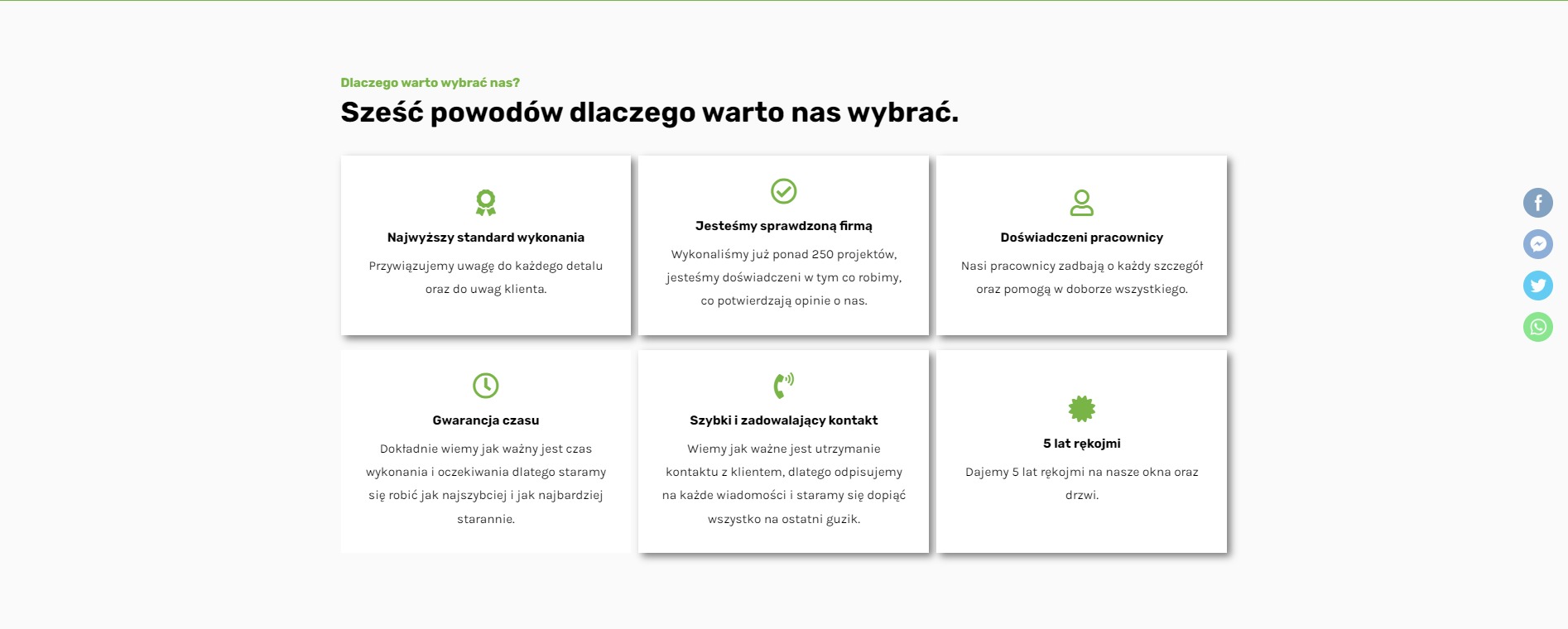 Strona internetowa prezentująca sześć powodów, dla których warto wybrać daną firmę, z ikonami i krótkimi opisami, w tym najwyższy standard wykonania, doświadczeni pracownicy i szybki kontakt.