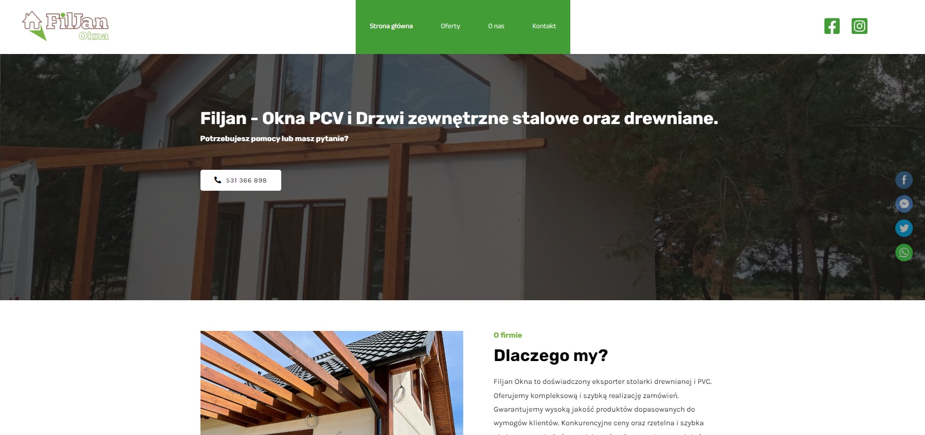 Strona internetowa firmy oferującej okna PCV i drzwi zewnętrzne stalowe oraz drewniane, z widocznym fragmentem domu z zamontowanymi oknami.