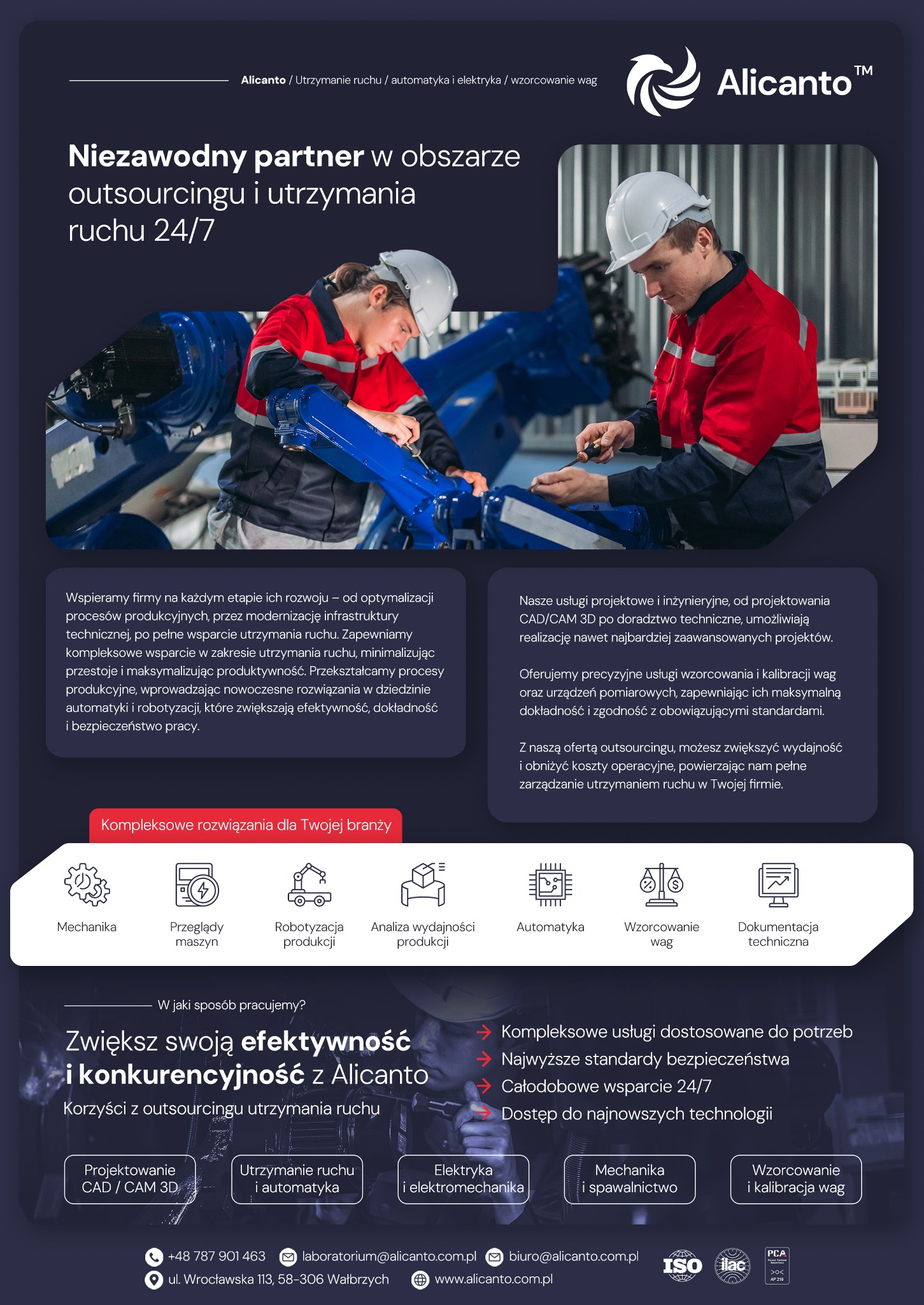 Dwóch inżynierów w Wałbrzychu w strojach roboczych serwisuje ramię robota przemysłowego, jeden z nich używa śrubokręta, w tle widoczne elementy linii produkcyjnej.