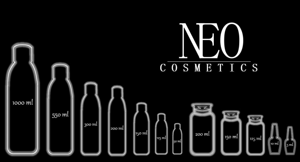 Grafika prezentująca różne rozmiary opakowań kosmetycznych marki NEO Cosmetics, od 5 ml do 1000 ml, z białymi konturami na czarnym tle.