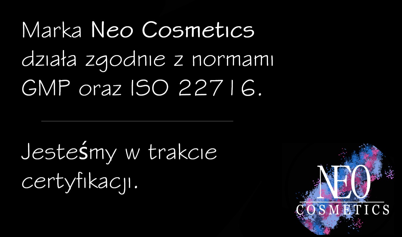 Logo Neo Cosmetics informujące o zgodności z normami GMP i ISO 22716 oraz procesie certyfikacji.