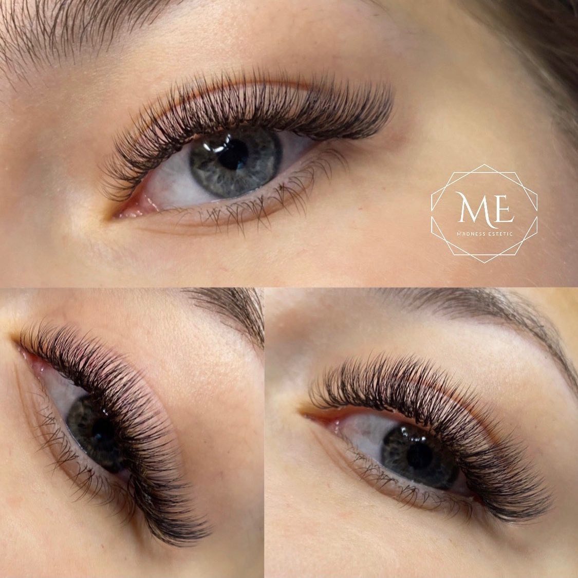 Zbliżenie na oko z profesjonalnie przedłużonymi rzęsami, widoczne trzy ujęcia pod różnymi kątami, w prawym górnym rogu logo salonu kosmetycznego 'ME Madness Estetic'.