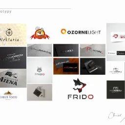 Kompilacja różnorodnych logotypów dla różnych firm i branż, w tym pszczelarstwa, gastronomii, motoryzacji i fotografii, zaprezentowanych na białym tle.