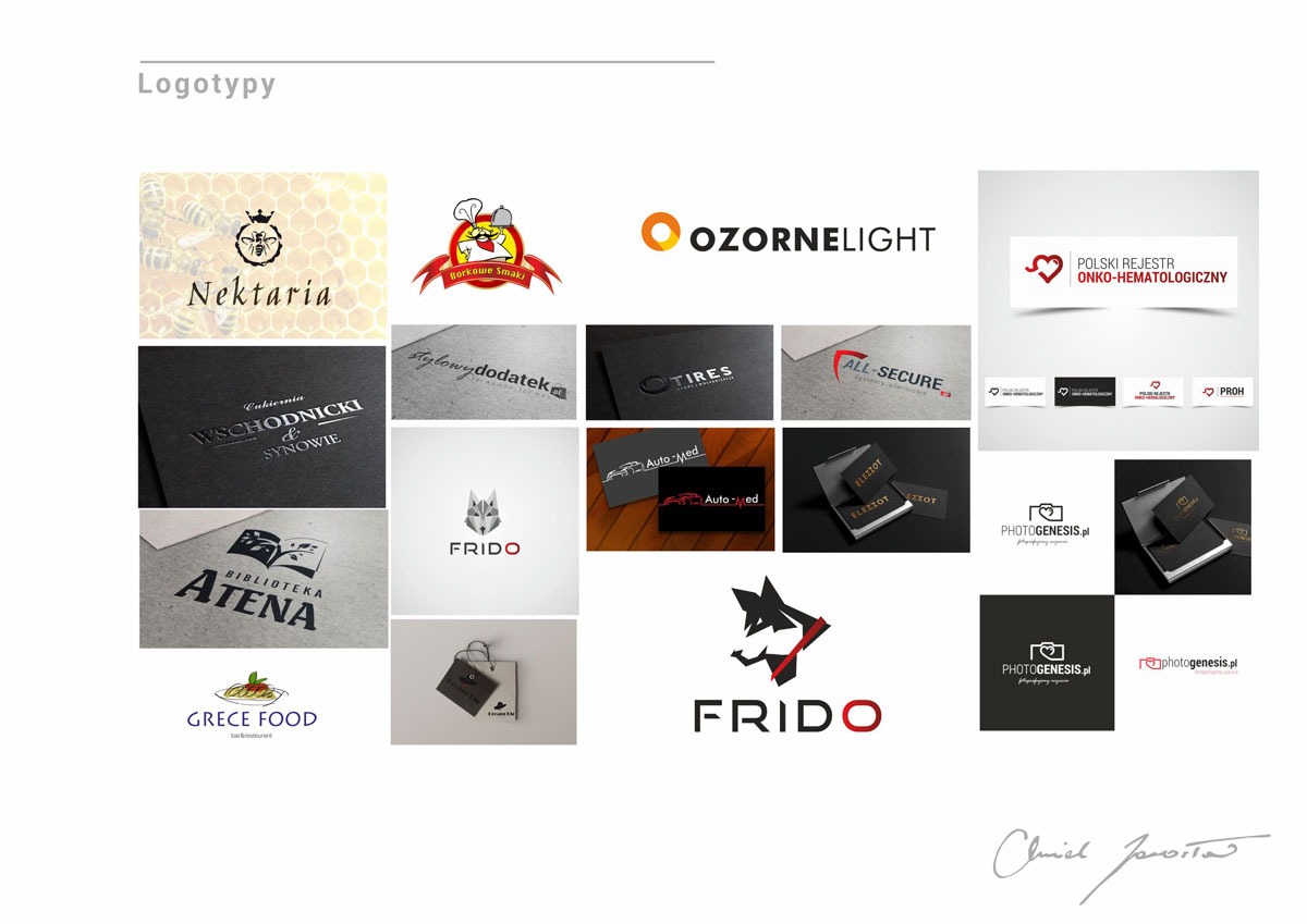 Kompilacja różnorodnych logotypów dla różnych firm i branż, w tym pszczelarstwa, gastronomii, motoryzacji i fotografii, zaprezentowanych na białym tle.