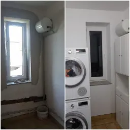 Por&oacute;wnanie stanu pomieszczenia przed i po: widoczne okno przed naprawą z odsłoniętym murem i po naprawie, z gładką ścianą i pralką oraz suszarką.