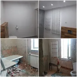 Mozaika zdjęć przedstawiająca łazienkę przed i po remoncie. Widoczne surowe ściany z cegły, instalacje, wanna na gruzie oraz wyremontowana łazienka z białymi ścianami, grzejnikiem drabinkowym...