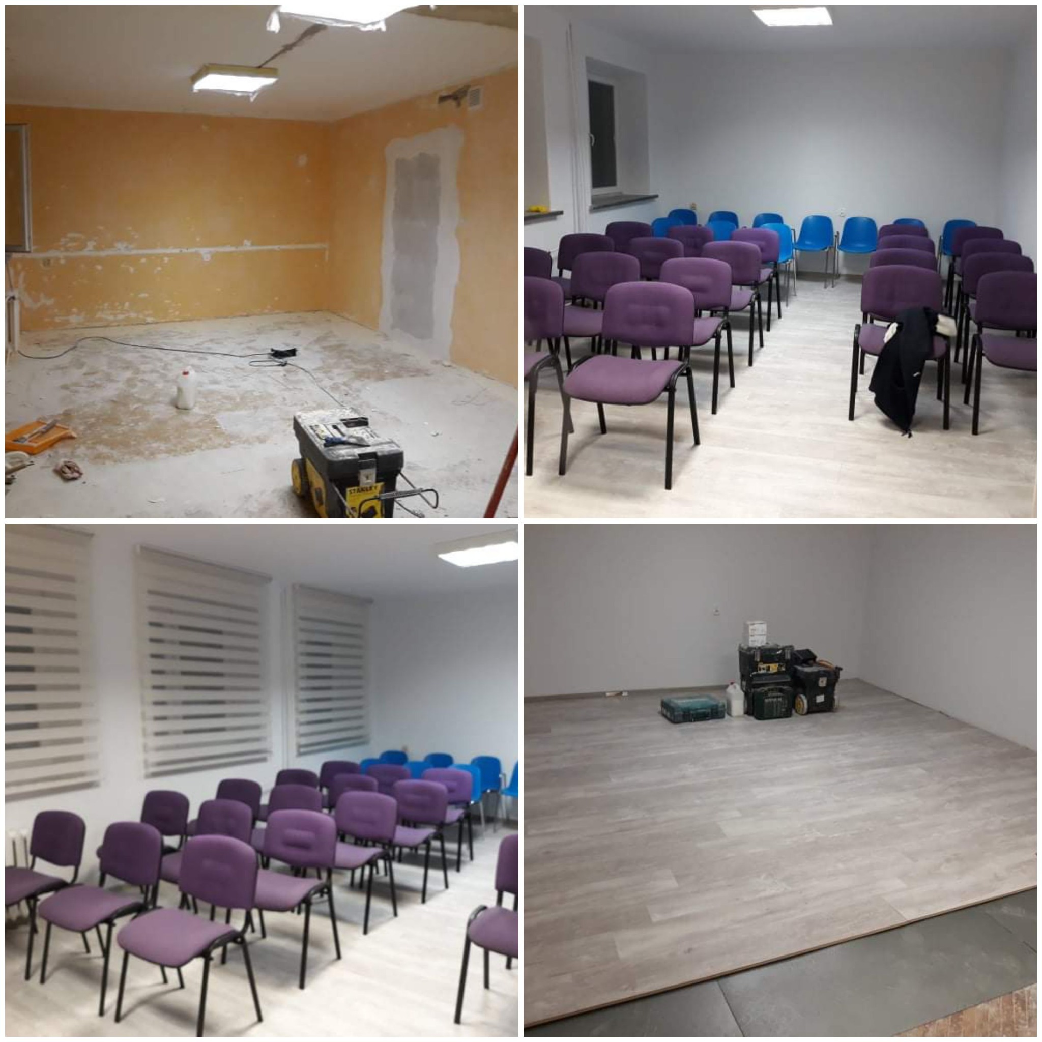 Czteropanelowe zdjęcie przedstawia remont pokoju: przed szpachlowaniem i malowaniem ścian, po zamontowaniu paneli podłogowych i ustawieniu krzeseł.