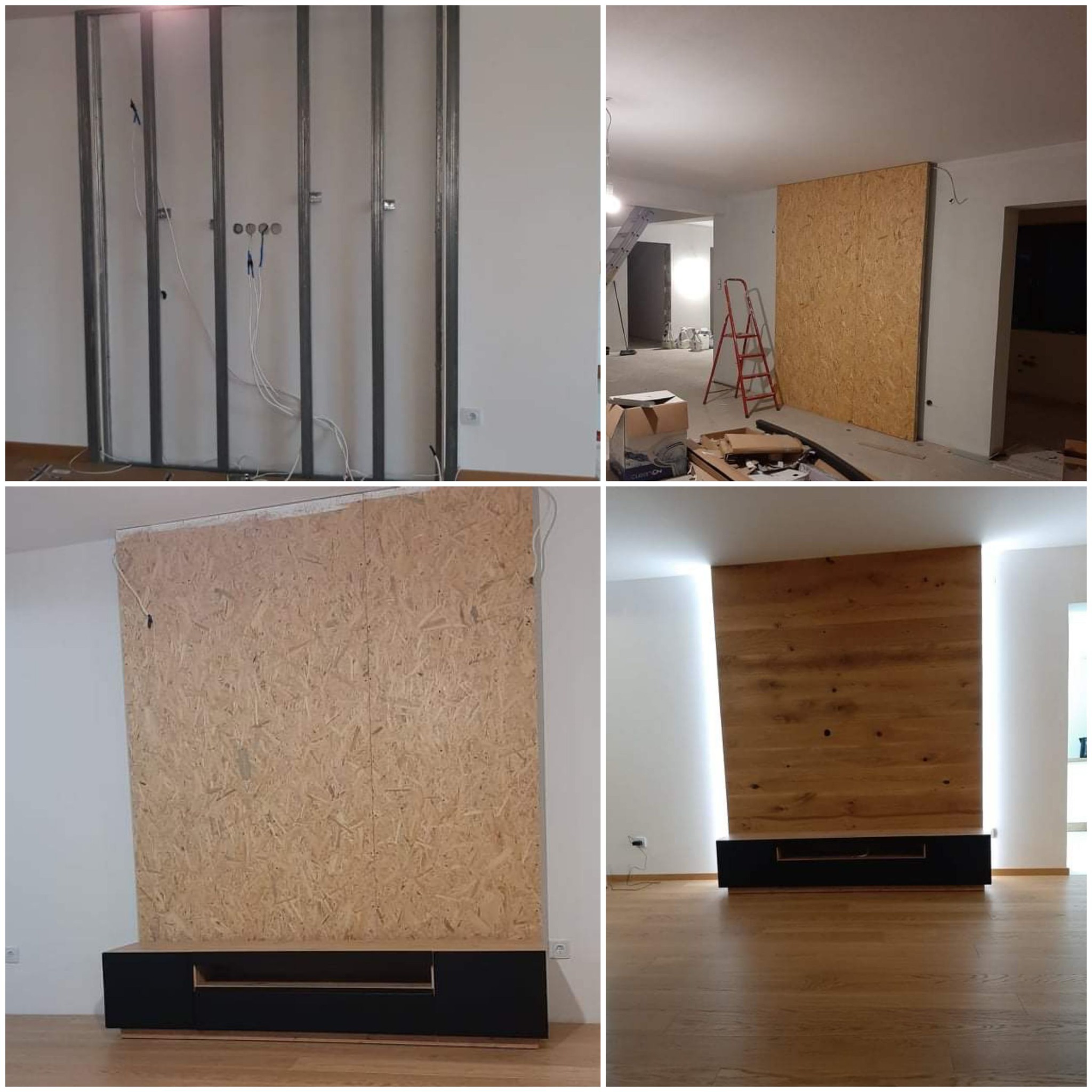 Czterofazowa transformacja ściany: od metalowej konstrukcji z przewodami, przez płytę OSB, po wykończoną drewnianą ścianę z podświetleniem i czarną szafką RTV na parkiecie.