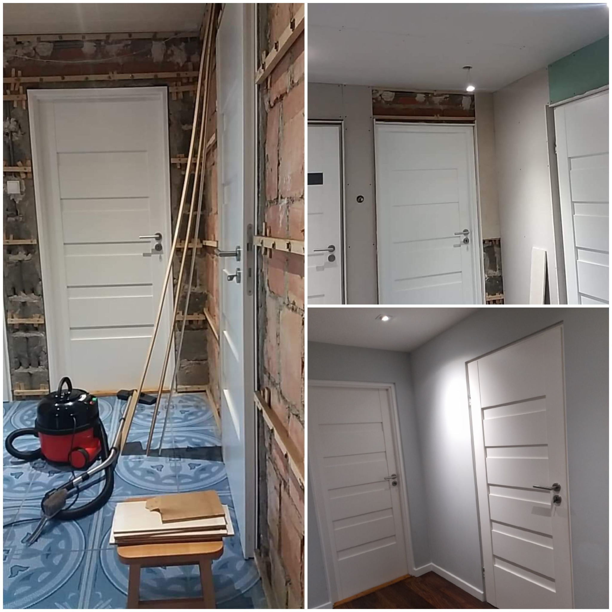 Montaż białych drzwi wewnętrznych z poziomymi frezowaniami; widoczny etap prac z odsłoniętym murem, drewnianymi listwami i odkurzaczem przemysłowym na niebieskiej podłodze.