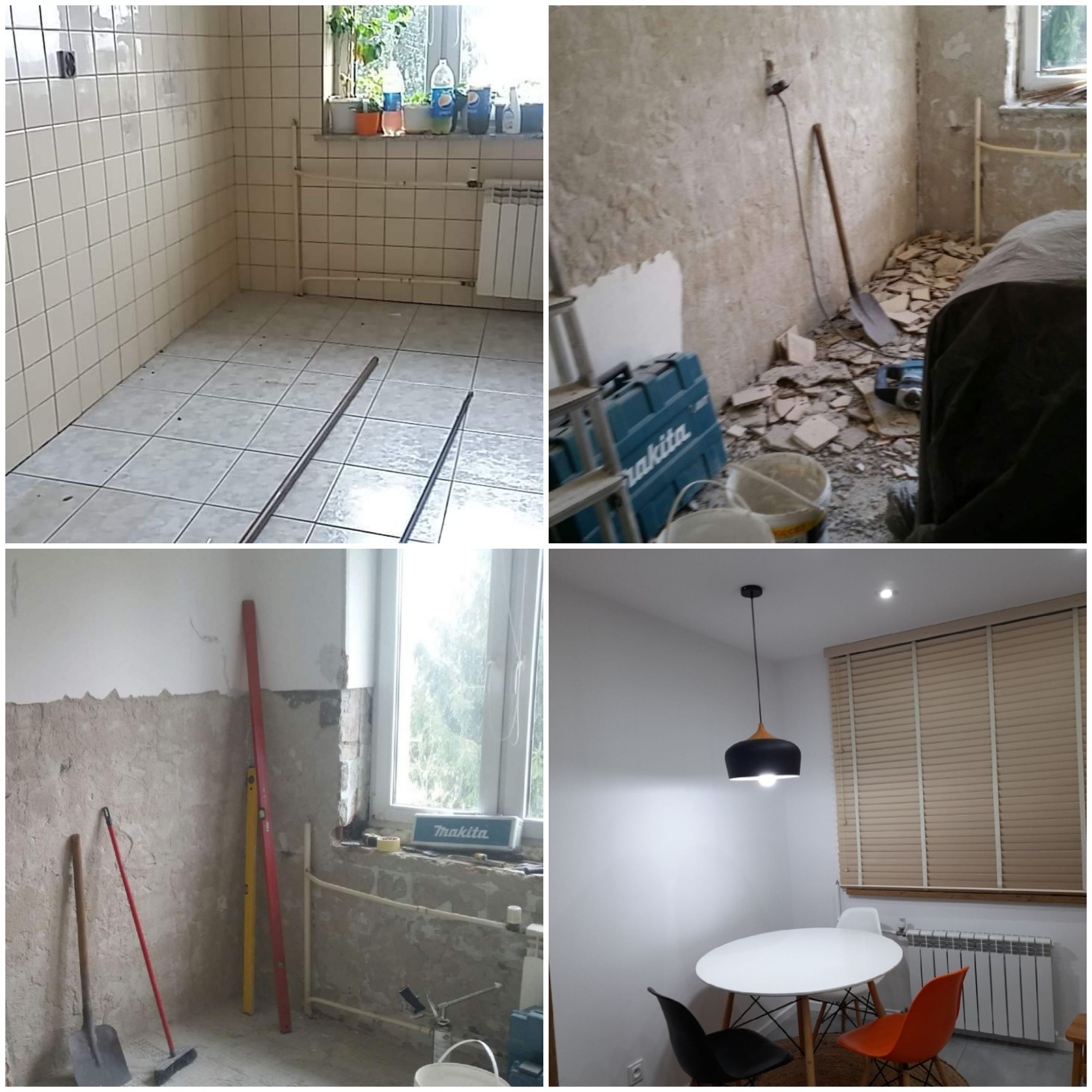 Czteropanelowy kolaż przedstawia różne etapy prac remontowych w mieszkaniu w Brzostku: od usuwania płytek i przygotowywania ścian, po wykończone wnętrze z nowym oświetleniem i meblami.
