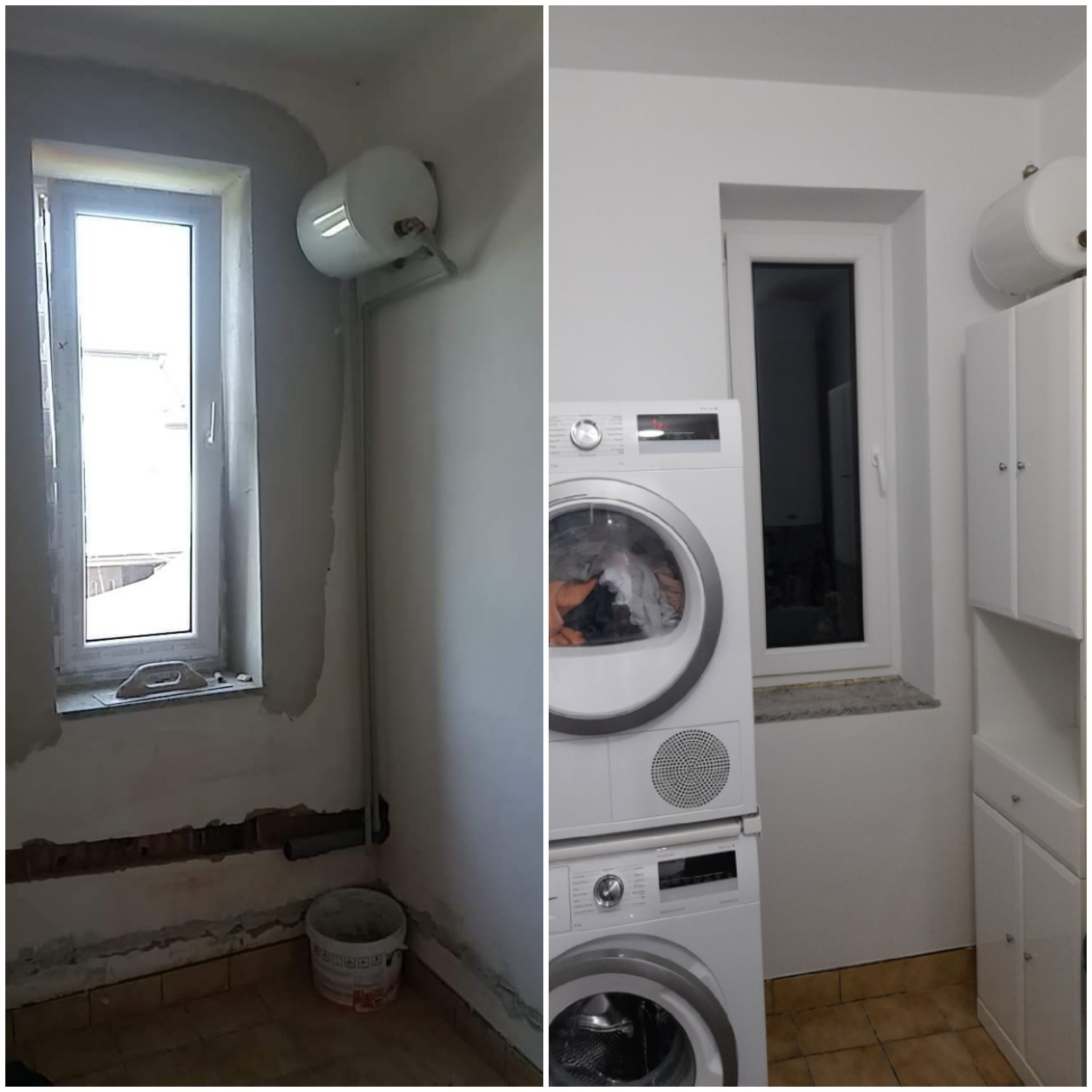 Porównanie stanu pomieszczenia przed i po: widoczne okno przed naprawą z odsłoniętym murem i po naprawie, z gładką ścianą i pralką oraz suszarką.