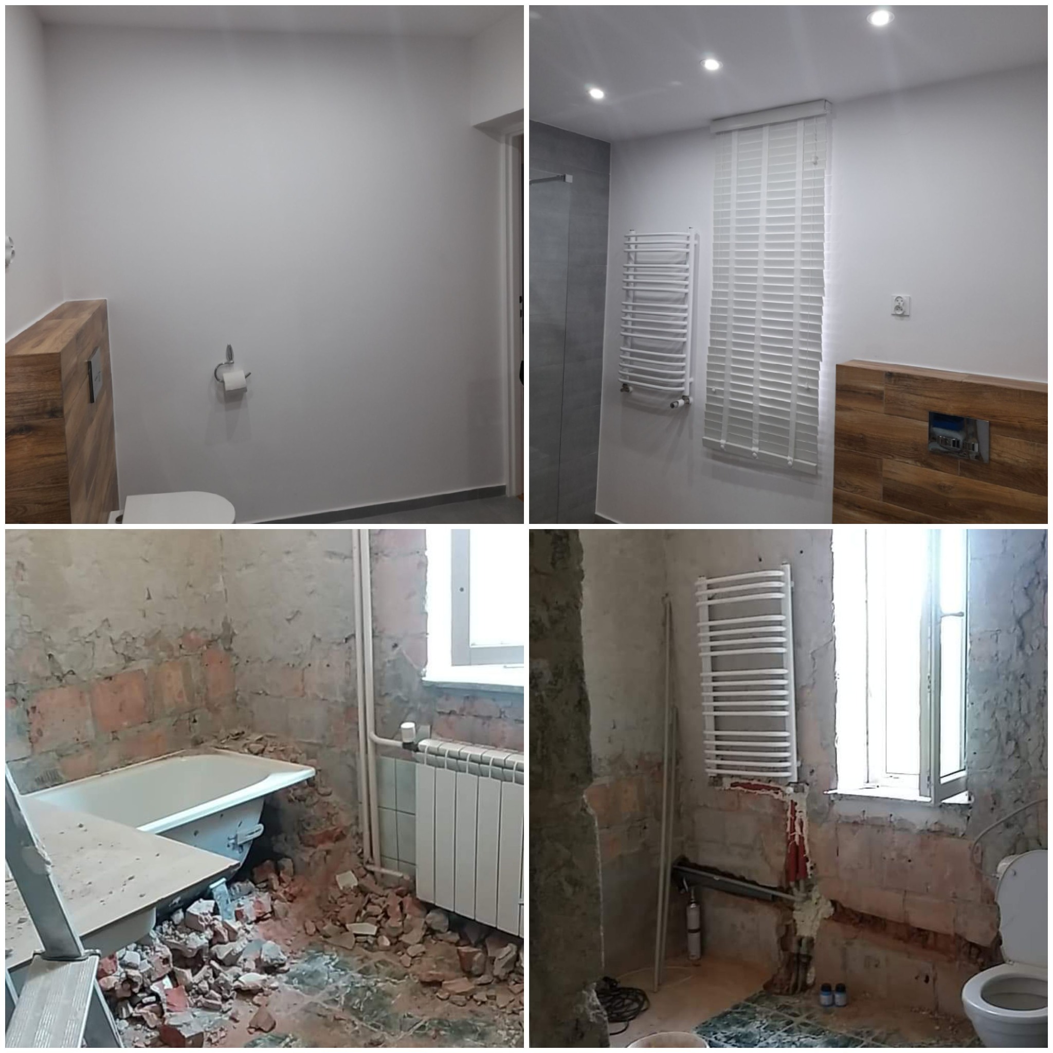 Mozaika zdjęć przedstawiająca łazienkę przed i po remoncie. Widoczne surowe ściany z cegły, instalacje, wanna na gruzie oraz wyremontowana łazienka z białymi ścianami, grzejnikiem drabinkowym...