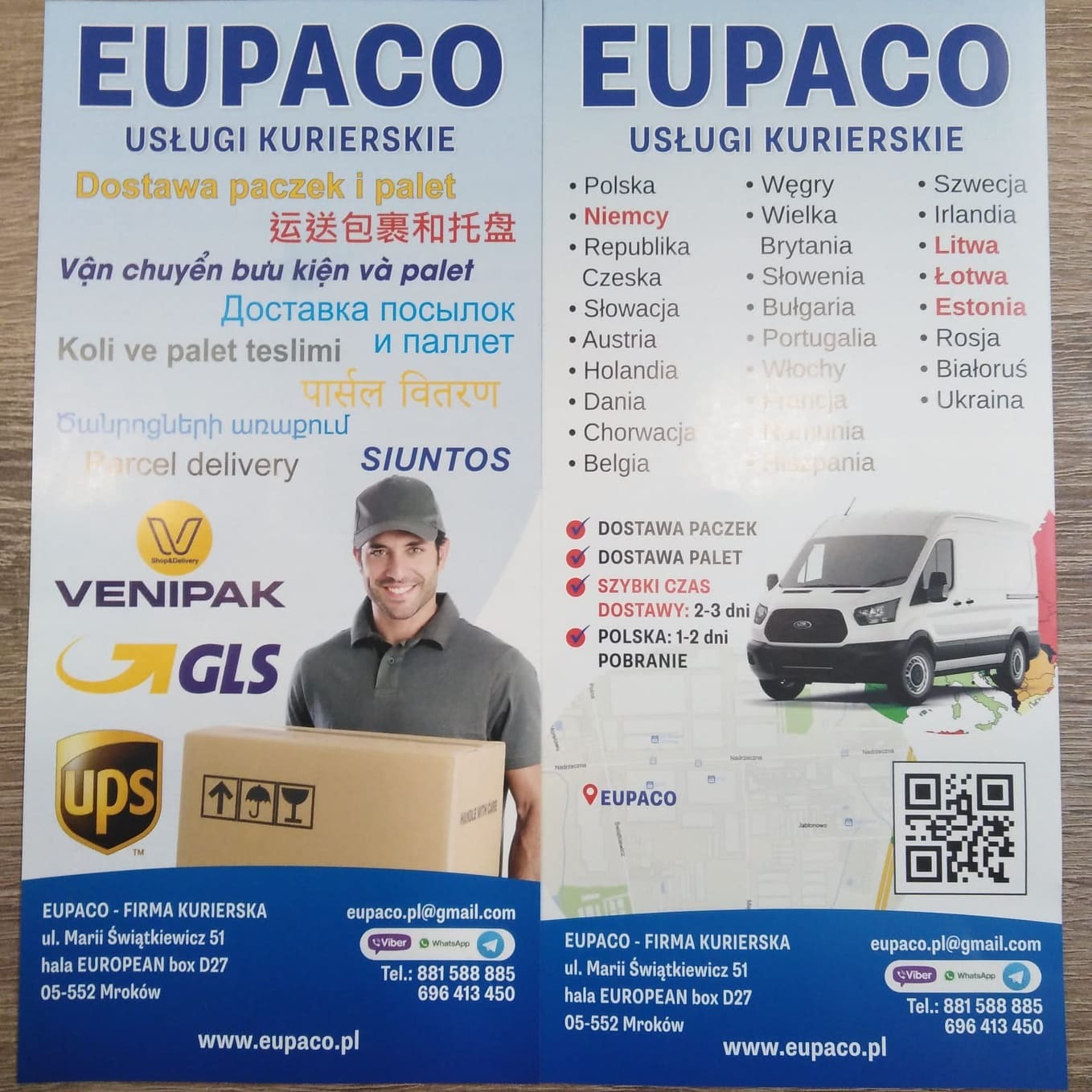Ulotka firmy kurierskiej Eupaco z Mrokowa, oferującej dostawę paczek i palet, z informacjami kontaktowymi, logo firm kurierskich partnerskich i mapą dojazdu.