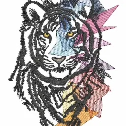 Komputerowy wzór haftu przedstawiający głowę tygrysa w geometrycznym stylu, z kolorowymi trójkątnymi elementami na białym tle.