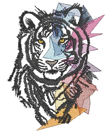 Komputerowy wzór haftu przedstawiający głowę tygrysa w geometrycznym stylu, z kolorowymi trójkątnymi elementami na białym tle.