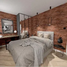 Wizualizacja sypialni z łóżkiem, ceglaną ścianą, toaletką z lustrem i minimalistycznym oświetleniem, w neutralnej kolorystyce z akcentami czerni.