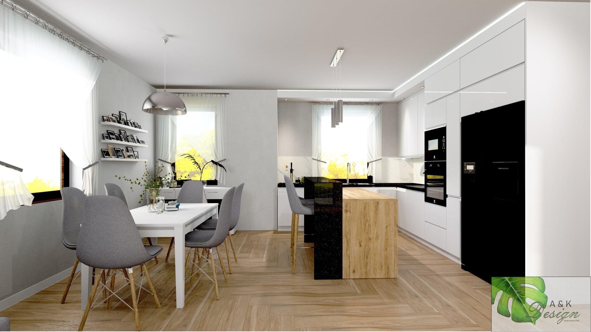 Wnętrze jasnej kuchni z wyspą z blatem z jasnego drewna i czarnym frontem, białe szafki, czarna lodówka i parkiet ułożony w jodełkę.