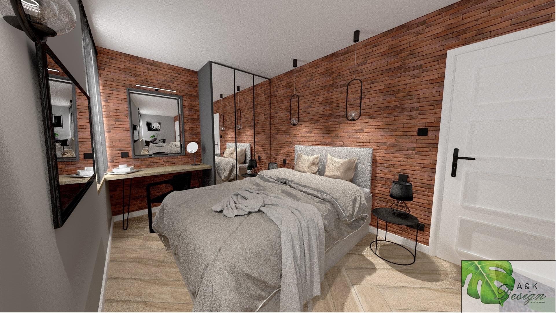 Wizualizacja sypialni z łóżkiem, ceglaną ścianą, toaletką z lustrem i minimalistycznym oświetleniem, w neutralnej kolorystyce z akcentami czerni.