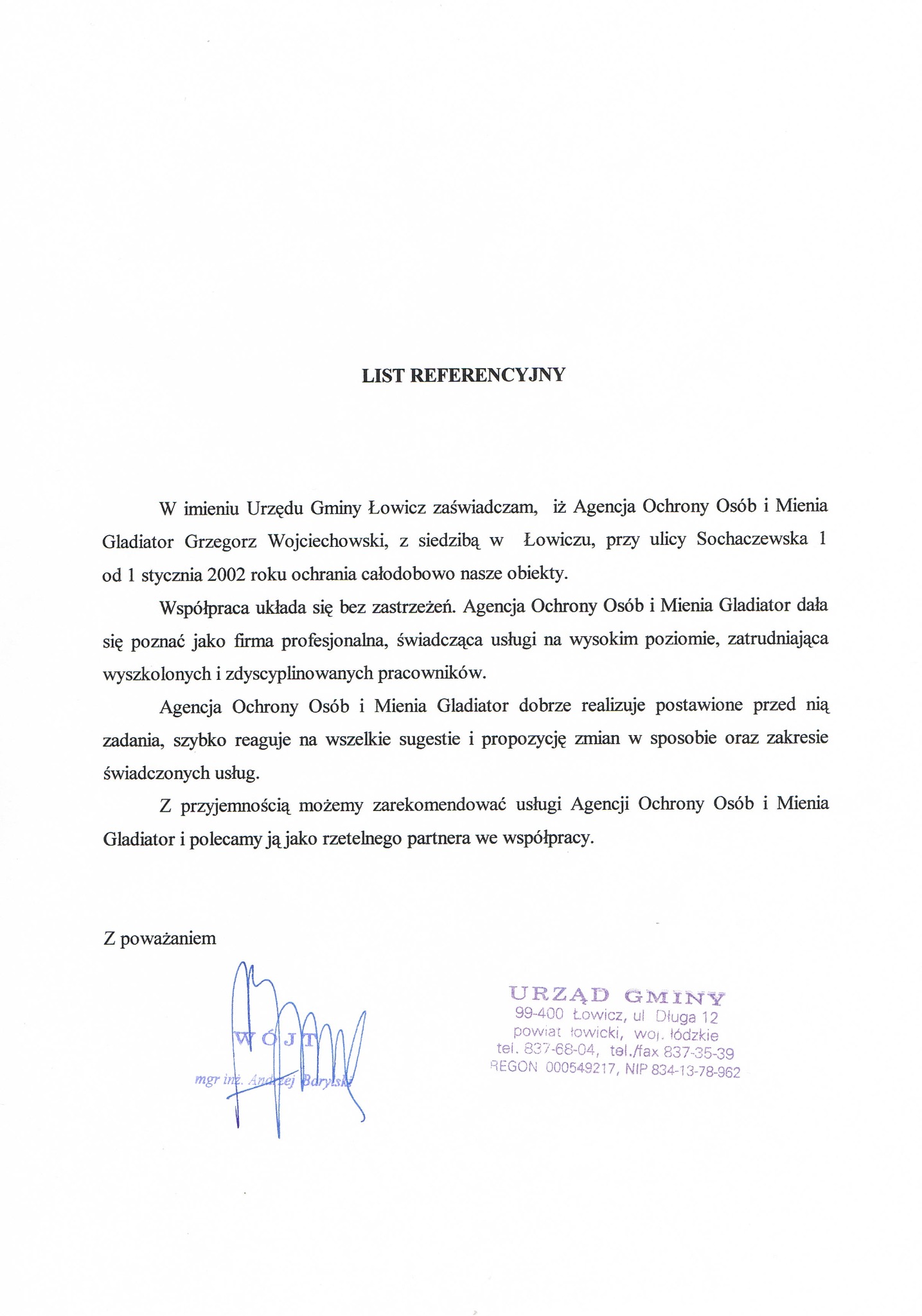 Skan listu referencyjnego dla Agencji Ochrony Osób i Mienia Gladiator od Urzędu Gminy Łowicz, potwierdzający wieloletnią współpracę i wysoką jakość świadczonych usług, z pieczęcią i podpisem.