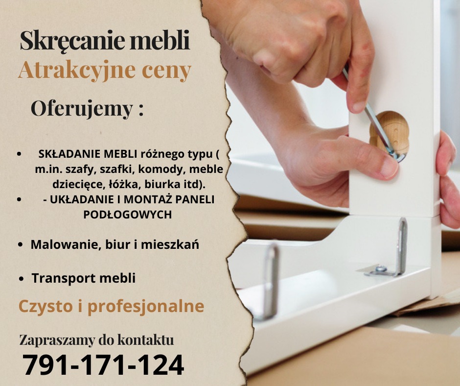 Reklama usług: skręcanie mebli i układanie paneli podłogowych, z numerem telefonu. W tle fragment montowanego białego mebla.
