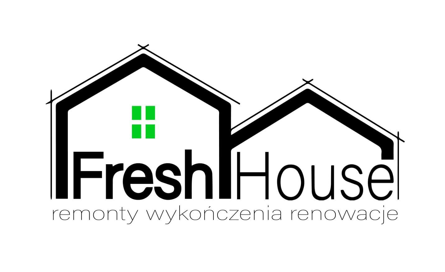 Logo firmy Fresh House z minimalistycznym rysunkiem dwóch domów i zielonymi oknami, oferującej usługi remontowe, wykończeniowe i renowacyjne.