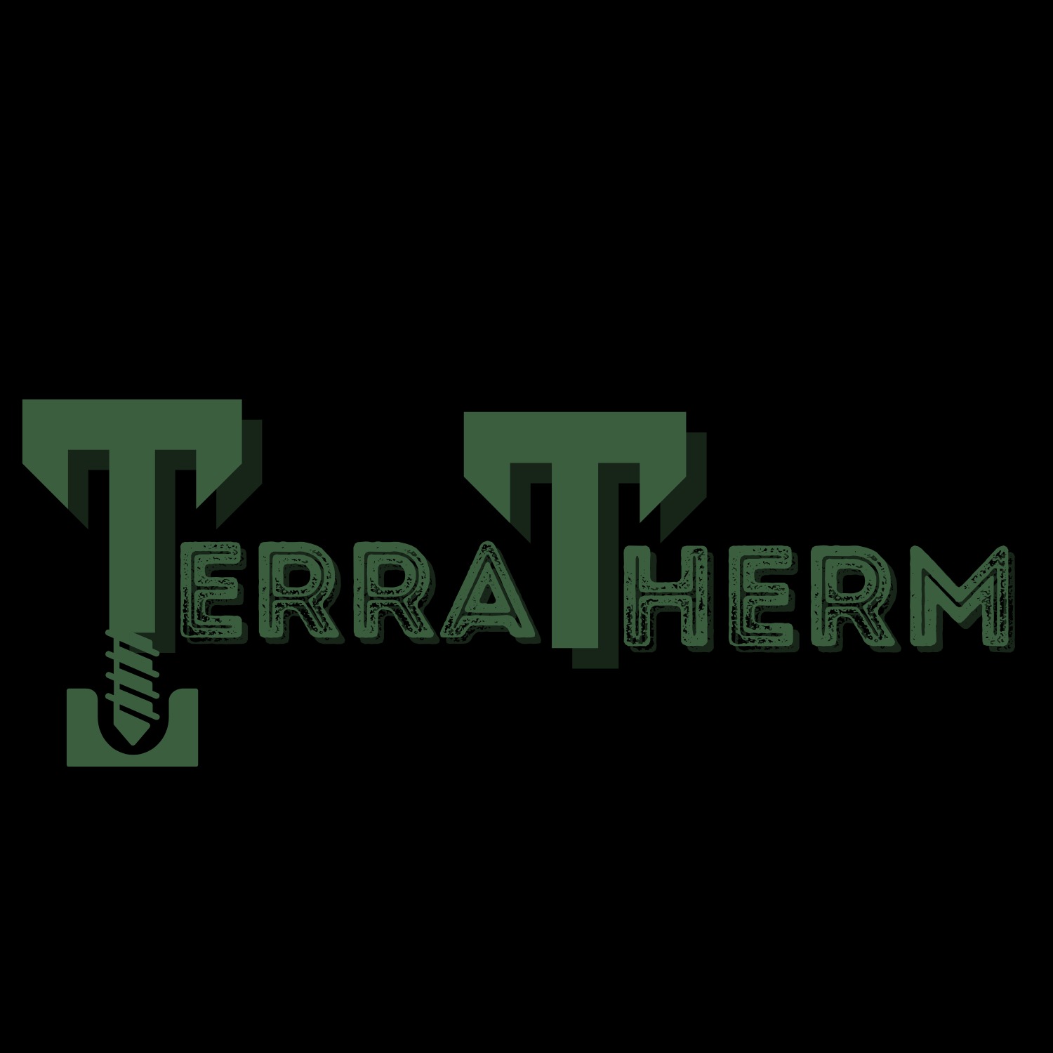 Logo firmy TerraTherm z literą T stylizowaną na wiertło do odwiertów geotermalnych, na czarnym tle.
