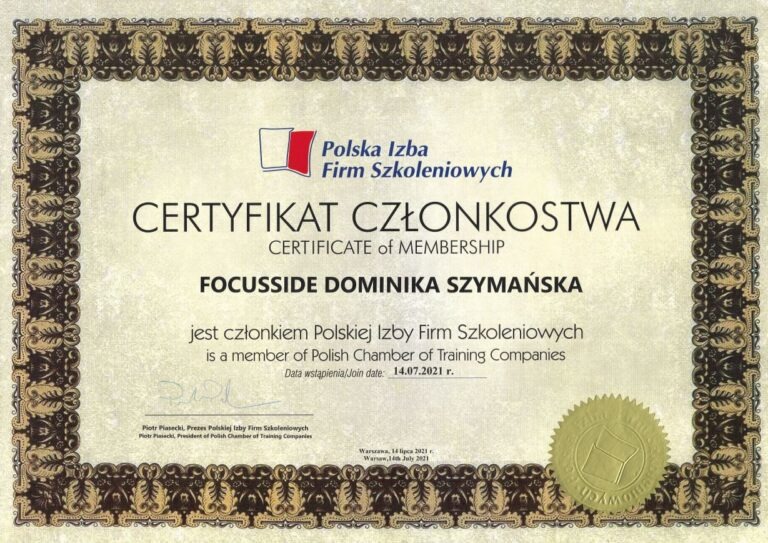 Certyfikat członkostwa w Polskiej Izbie Firm Szkoleniowych dla firmy Focusside Dominika Szymańska, wydany 14.07.2021 roku, z ozdobną ramką i pieczęcią.