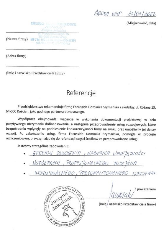 Skan dokumentu referencyjnego dla firmy Focusside Dominika Szymańska, z datą 11.01.2022, zawierający pozytywne opinie o efektach szkolenia, współpracy i indywidualnym podejściu, z pieczęcią Doradcy...
