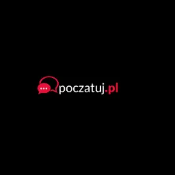 Logo poczatuj.pl: czerwona ikona dymku czatu z trzema kropkami oraz czerwony napis 'poczatuj.pl' na czarnym tle.