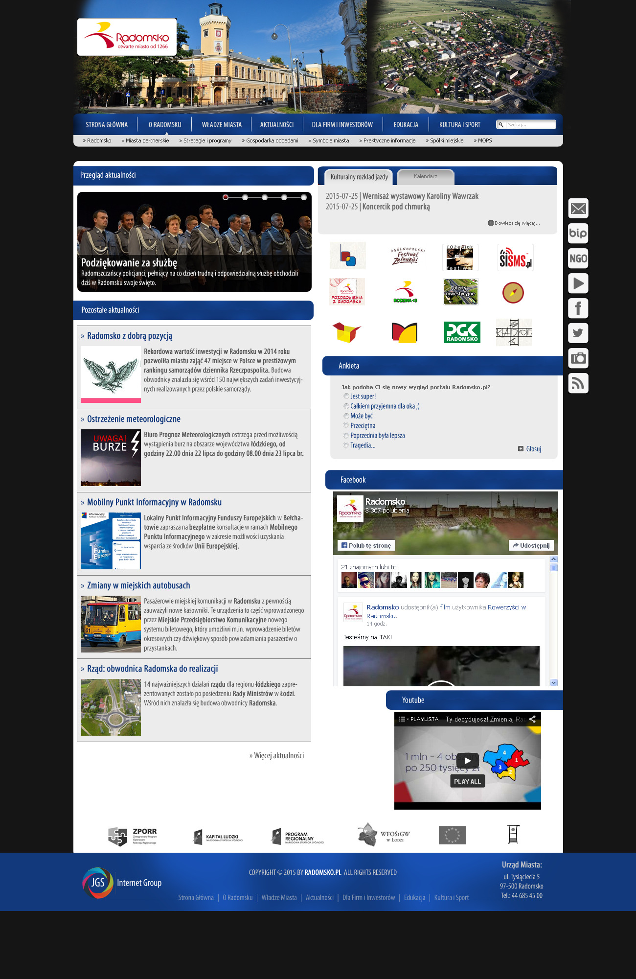 Strona internetowa miasta Radomsko z logo i aktualnościami, prezentująca miejski krajobraz i informacje dla mieszkańców i inwestorów.