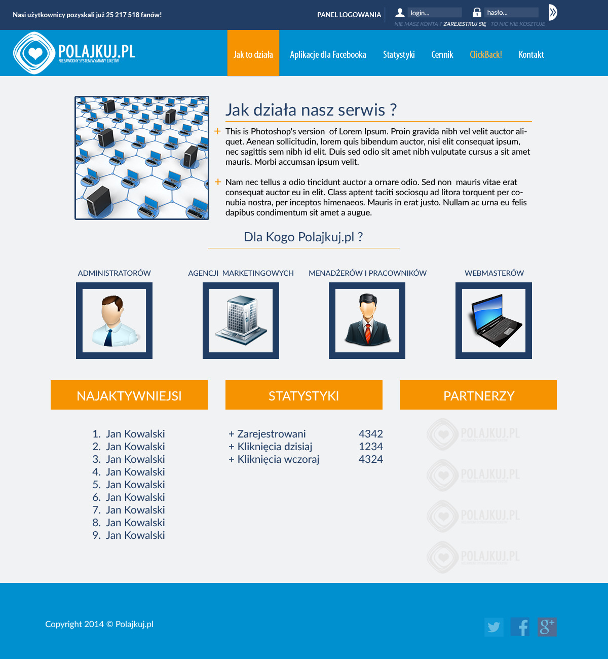 Schemat sieci komputerowej na stronie internetowej z tekstem informacyjnym i sekcjami dla administratorów, agencji marketingowych, menadżerów, webmasterów, statystyk i partnerów.