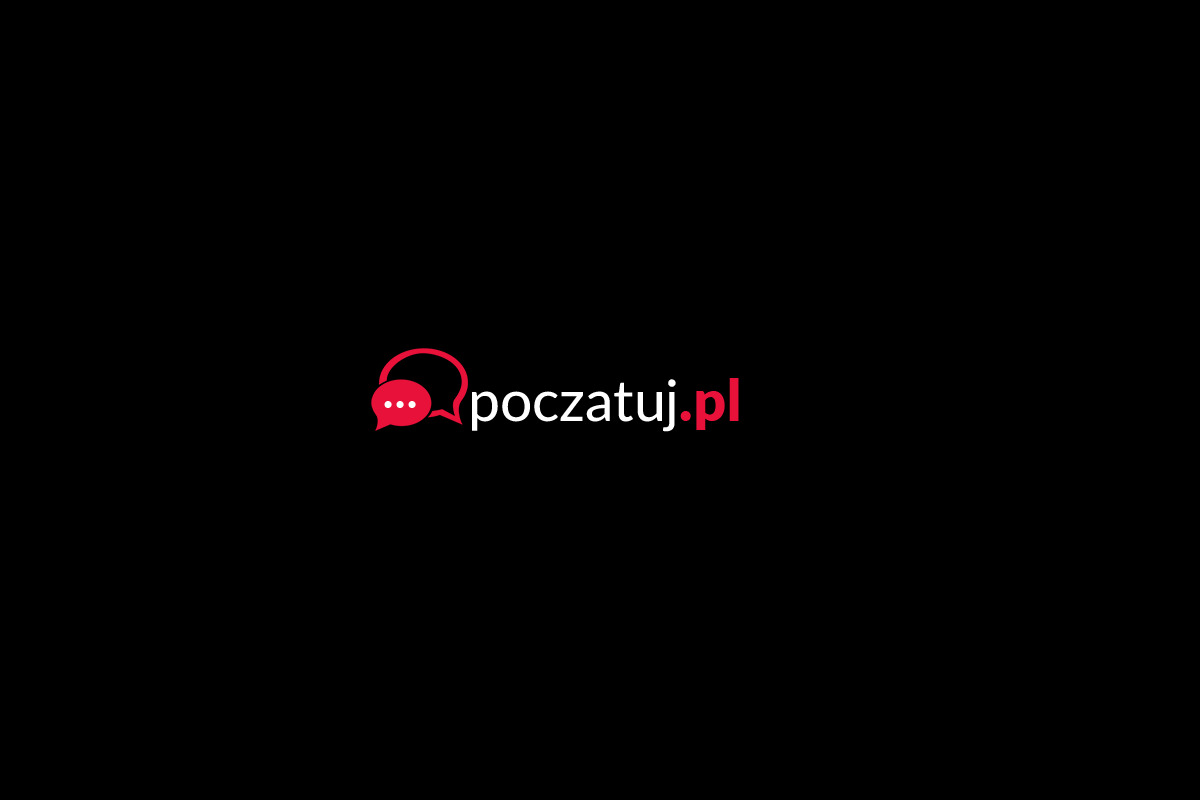 Logo poczatuj.pl: czerwona ikona dymku czatu z trzema kropkami oraz czerwony napis 'poczatuj.pl' na czarnym tle.