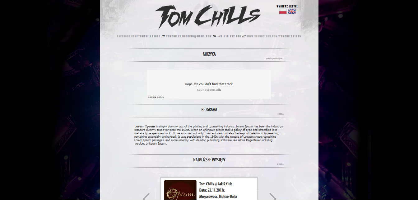 Strona internetowa artysty muzycznego Tom Chills, z informacjami o muzyce, biografii i nadchodzących występach, prezentowana w Głownie.