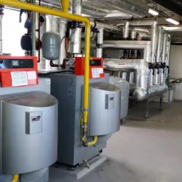 Szara instalacja z dwoma srebrnymi zbiornikami, czerwonymi elementami sterującymi i żółtymi rurami, widoczne rury izolowane termicznie, zbiorniki i instalacja w kotłowni.