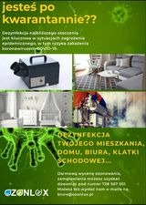 Plakat reklamowy z hasłem 'Jesteś po kwarantannie??' i informacją o dezynfekcji mieszkań, domów, biur i klatek schodowych. Na plakacie widoczne zdjęcia wnętrz i urządzenie do dezynfekcji. W tle...