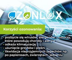 Ozonowanie wnętrza samochodu w Wałbrzychu, z widocznym panelem sterowania i informacją o korzyściach: usunięcie wirusów, alergenów, odkażenie klimatyzacji, usunięcie grzybów i pleśni, likwidacja...