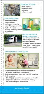 Ulotka reklamowa firmy Ozonlux prezentująca usługi ozonowania w różnych lokalizacjach: restauracja, dom, hotel, z naciskiem na ozonowanie pokoju dziecięcego. Widoczne zdjęcia wnętrz i dziecka.