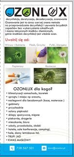 Ulotka reklamowa firmy Ozonlux oferującej ozonowanie do dezynfekcji i usuwania zapachów, z wyszczególnieniem zastosowań takich jak klimatyzacja samochodów, noclegownie, gabinety, sklepy spożywcze...