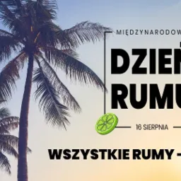 Grafika online z okazji Międzynarodowego Dnia Rumu, z palmami w tle i napisem 'Wszystkie rumy -10%'