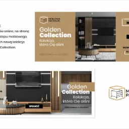 Projekt banerów online dla sklepu meblowego, prezentujący kolekcję mebli Golden Collection w nowoczesnym i eleganckim stylu.