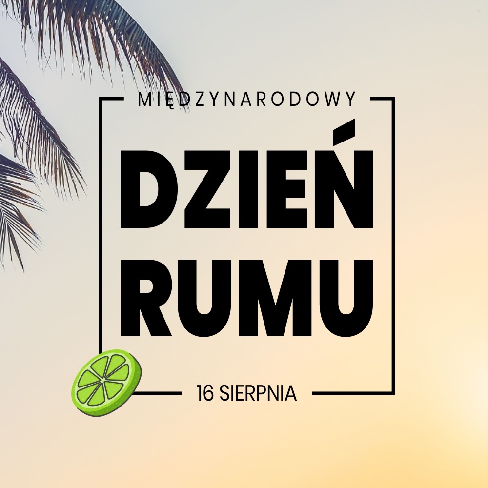 Grafika online na social media: Międzynarodowy Dzień Rumu, 16 sierpnia, z motywem palmy i limonki.