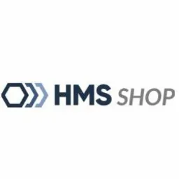Logo HMS Shop: ciemnoniebieski sześciokąt z trzema niebieskimi strzałkami w prawo, obok napis HMS SHOP w ciemnoniebieskiej czcionce.