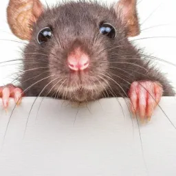 Szczur z różowym nosem i długimi wibrysami, wystający znad białej powierzchni, spoglądający wprost w obiektyw.