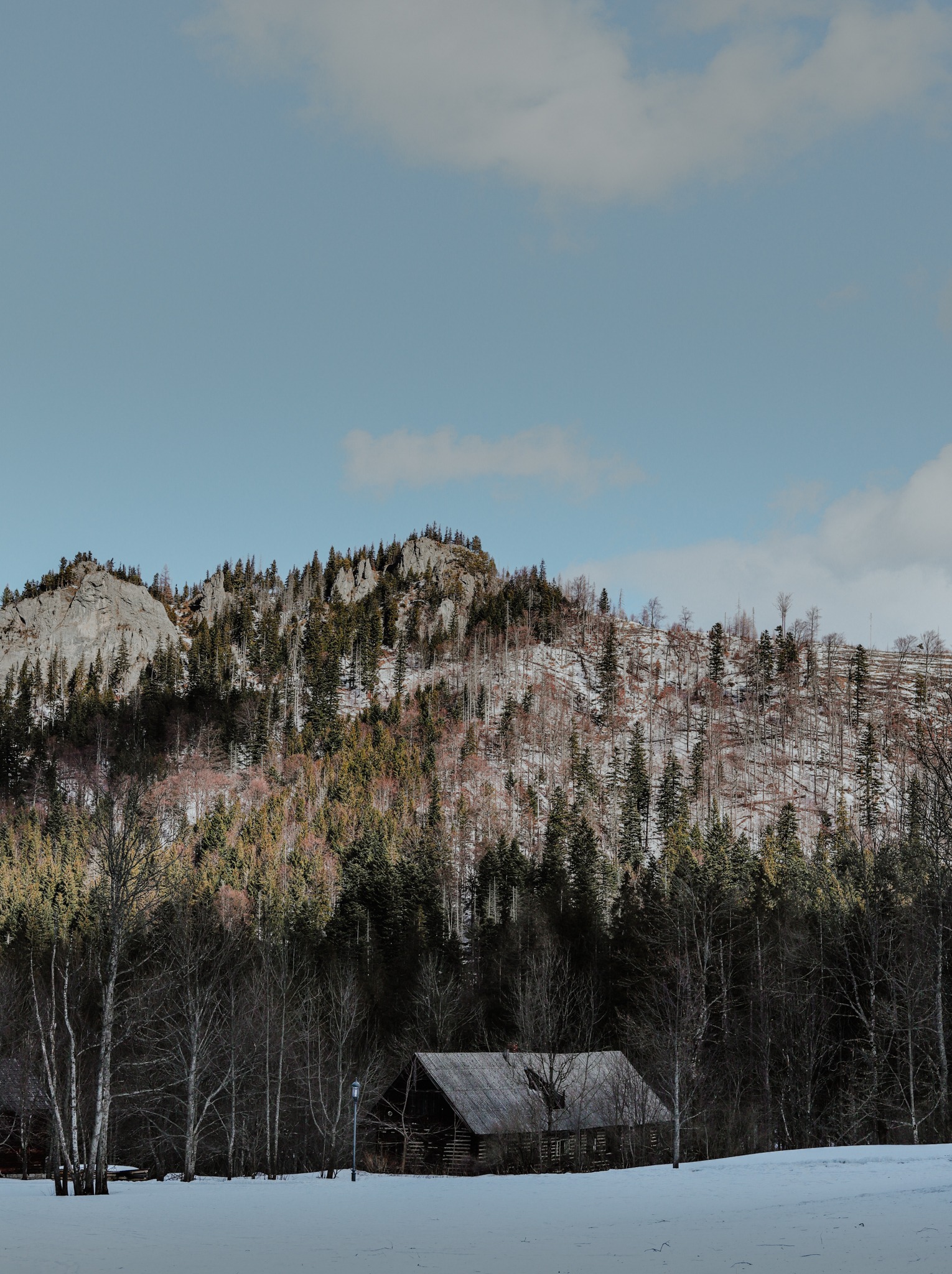 Zimowy krajobraz z drewnianą chatą u podnóża zalesionej góry, pokrytej śniegiem i skałami, pod błękitnym niebem z lekkimi obłokami.