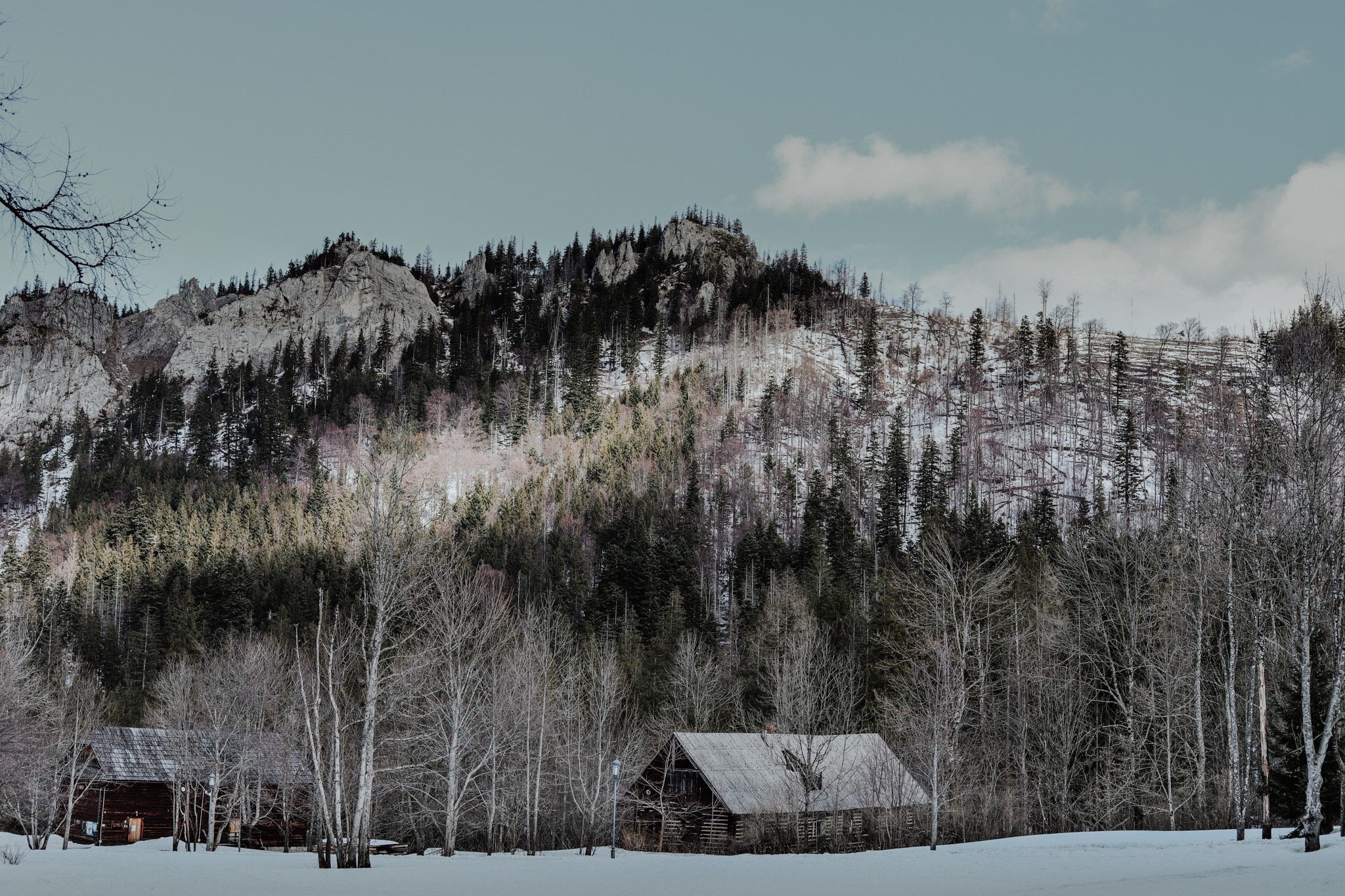 Zimowy krajobraz z drewnianymi chatami u podnóża zalesionej góry ze skałami, pokrytej częściowo śniegiem, pod pochmurnym niebem.