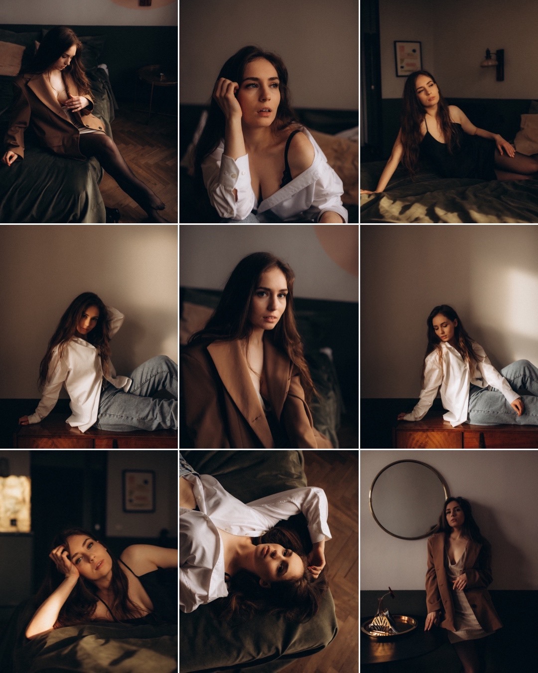 Portretowa kompozycja kolażu dziewięciu zdjęć młodej kobiety w różnych pozach i stylizacjach w pomieszczeniu, z przewagą stonowanych brązów, beżów i bieli, ukazująca różnorodność ujęć i oświetlenia.