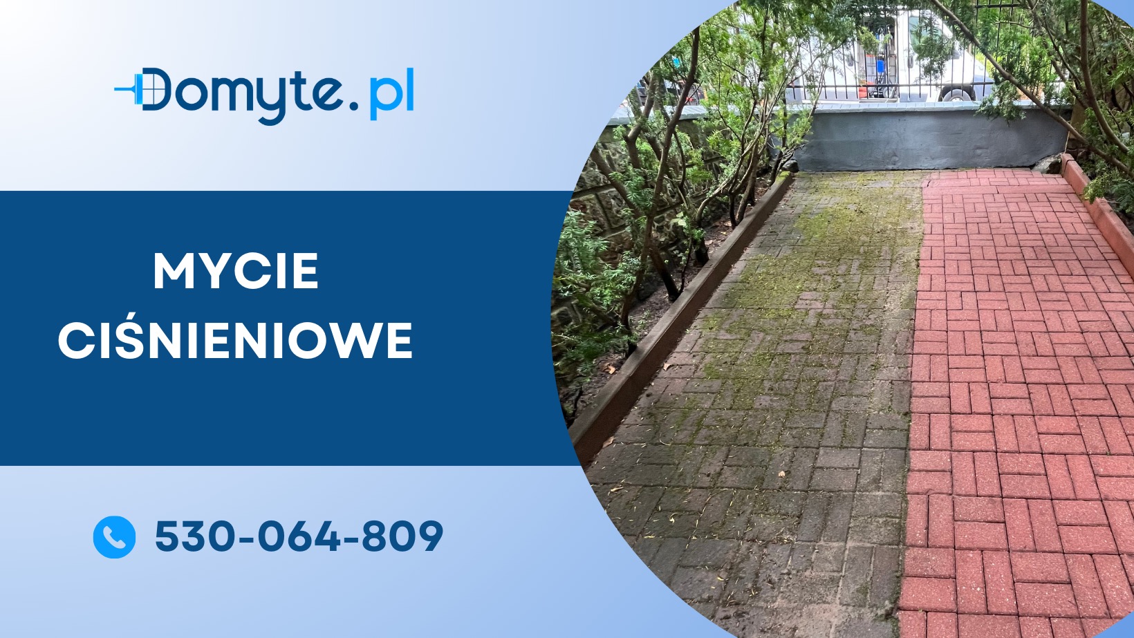 Częściowo wyczyszczona czerwona kostka brukowa z widocznymi zabrudzeniami po lewej stronie, otoczona zielenią.