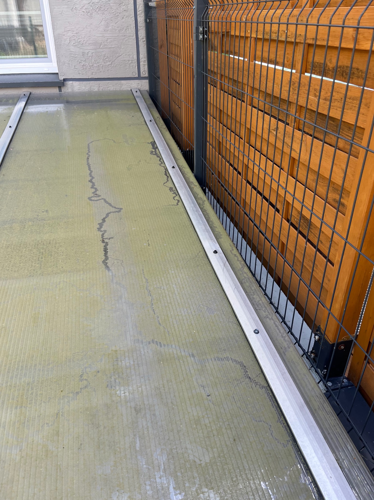 Zabrudzony, zadaszony taras z poliwęglanu, przylegający do drewnianego ogrodzenia panelowego z metalową siatką. Widoczne ślady po zaciekach i zabrudzeniach.