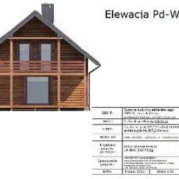 Rzut elewacji południowo-wschodniej budynku szkieletowego ABR21 z drewnianą fasadą, dwukondygnacyjny z balkonem, przedstawiony jako część projektu budowlanego z danymi inwestora i projektanta.