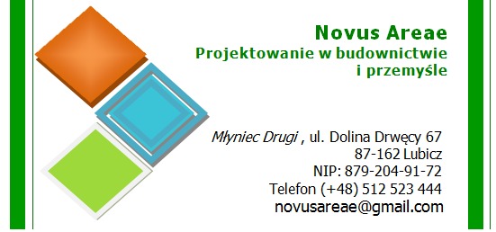 Wizytówka firmy Novus Areae z logo składającym się z trzech kolorowych kwadratów (pomarańczowego, niebieskiego, zielonego) oraz danymi kontaktowymi: adres, NIP, telefon, email.